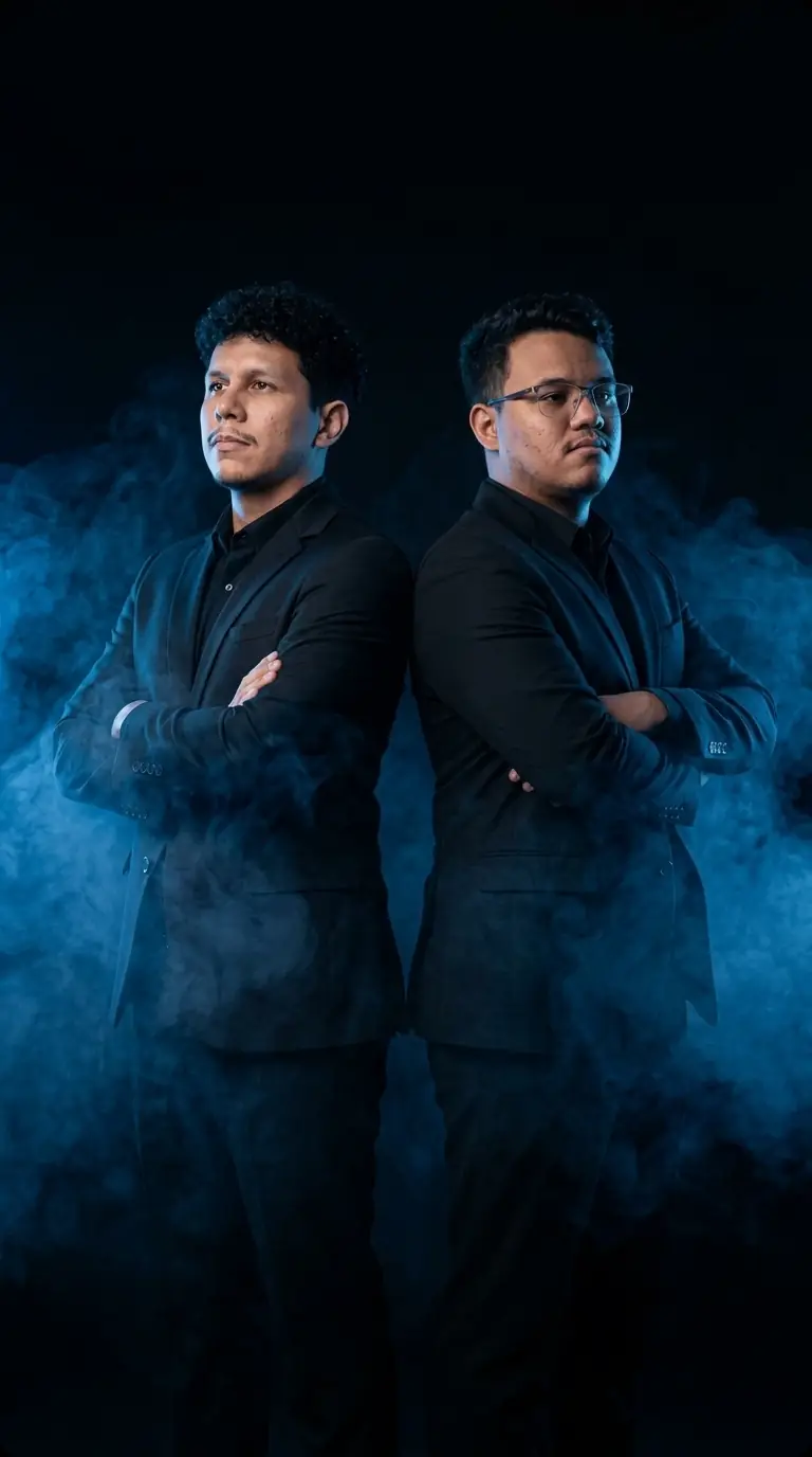 Os dois fundadores do Método Ensaio Lucrativo de terno preto, costas com costas