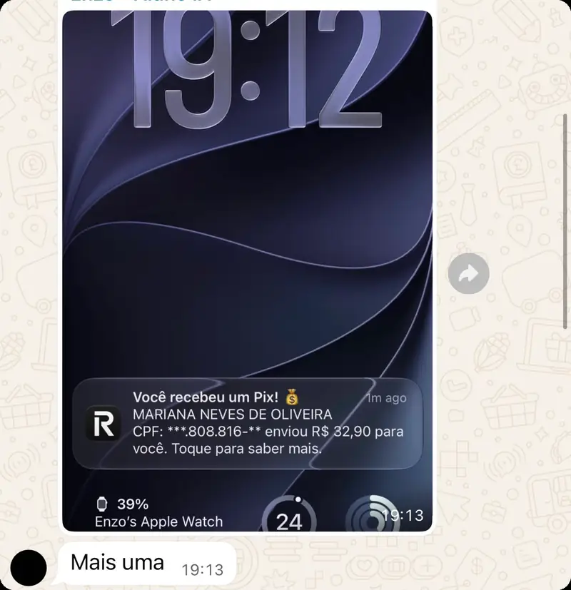 Print de mais um Pix de R$ 32,90 recebido por aluno